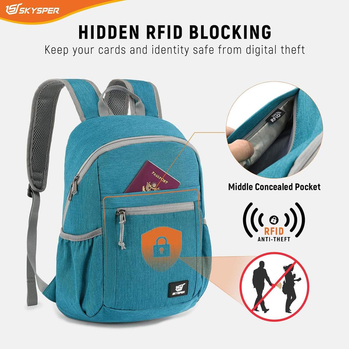 Anti Theft Hiking Backpack, 20L RFID Packable Travel Daypack, Lightweight Foldable Back Pack for Walking Daytrip