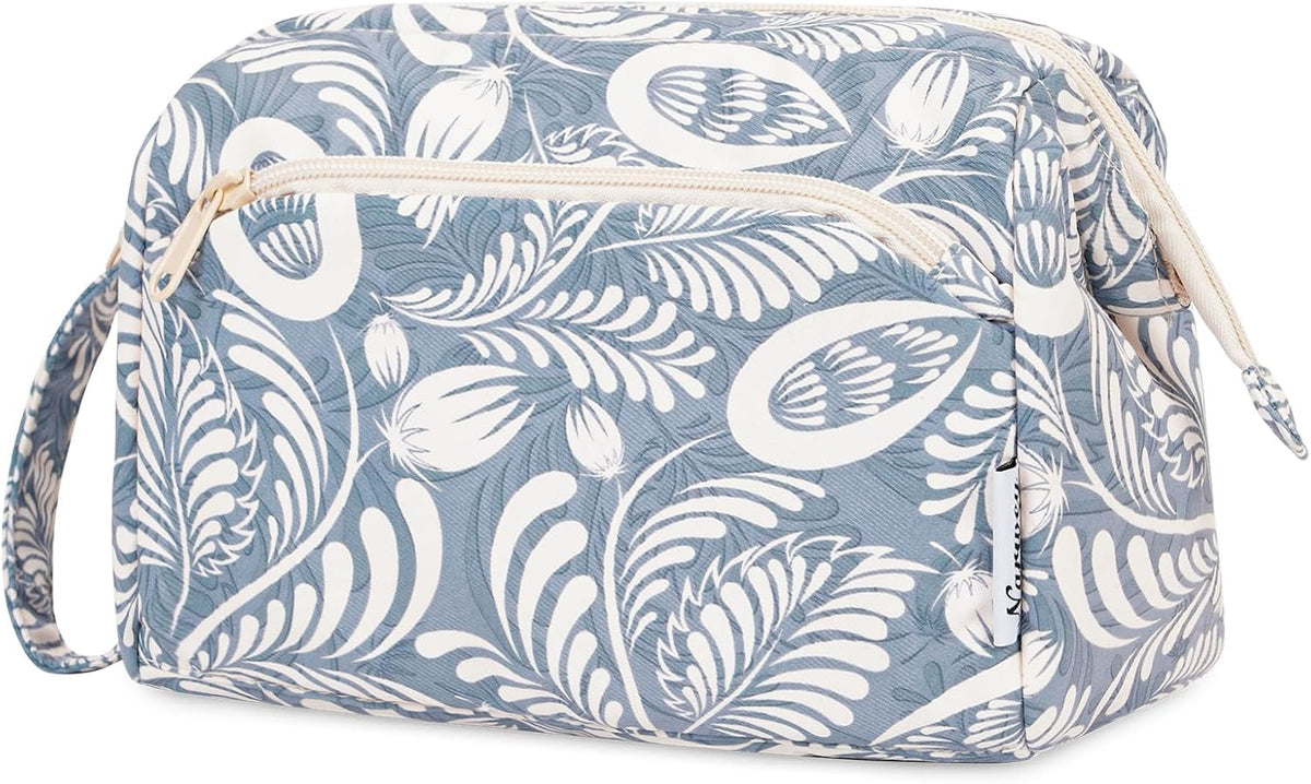 Women Makeup Bag Wide-open Make up Bag Travel Cosmetic Organizer Toiletry Bag for Cosmetics Toiletries Accessories (Blue Leaf)