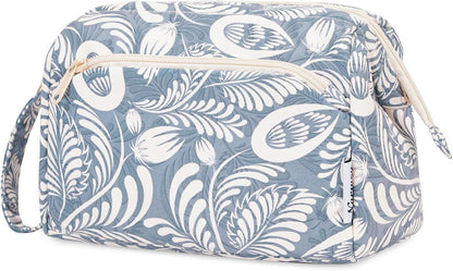 Women Makeup Bag Wide-open Make up Bag Travel Cosmetic Organizer Toiletry Bag for Cosmetics Toiletries Accessories (Blue Leaf)