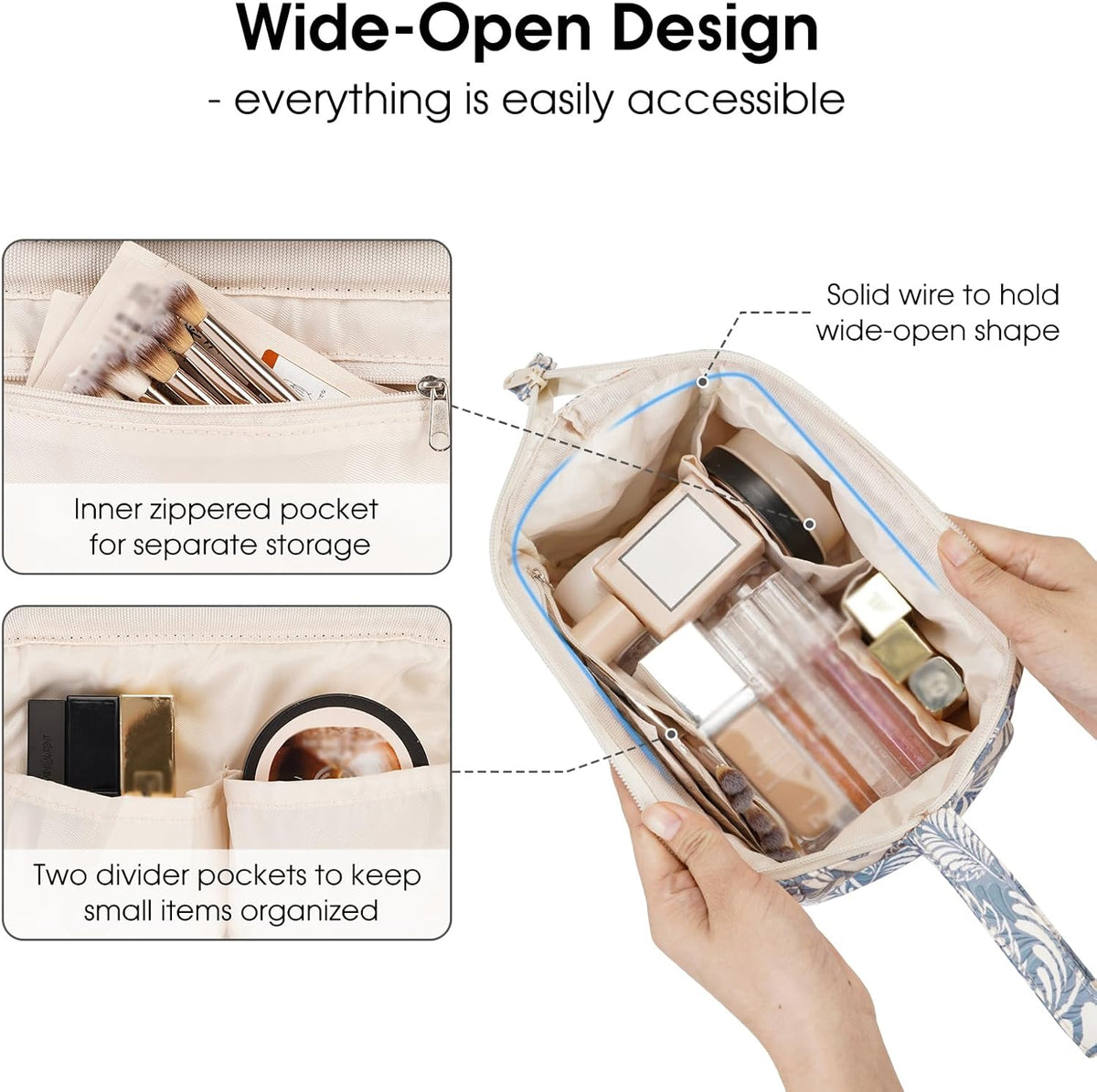 Women Makeup Bag Wide-open Make up Bag Travel Cosmetic Organizer Toiletry Bag for Cosmetics Toiletries Accessories (Blue Leaf)