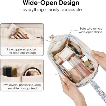 Women Makeup Bag Wide-open Make up Bag Travel Cosmetic Organizer Toiletry Bag for Cosmetics Toiletries Accessories (Blue Leaf)