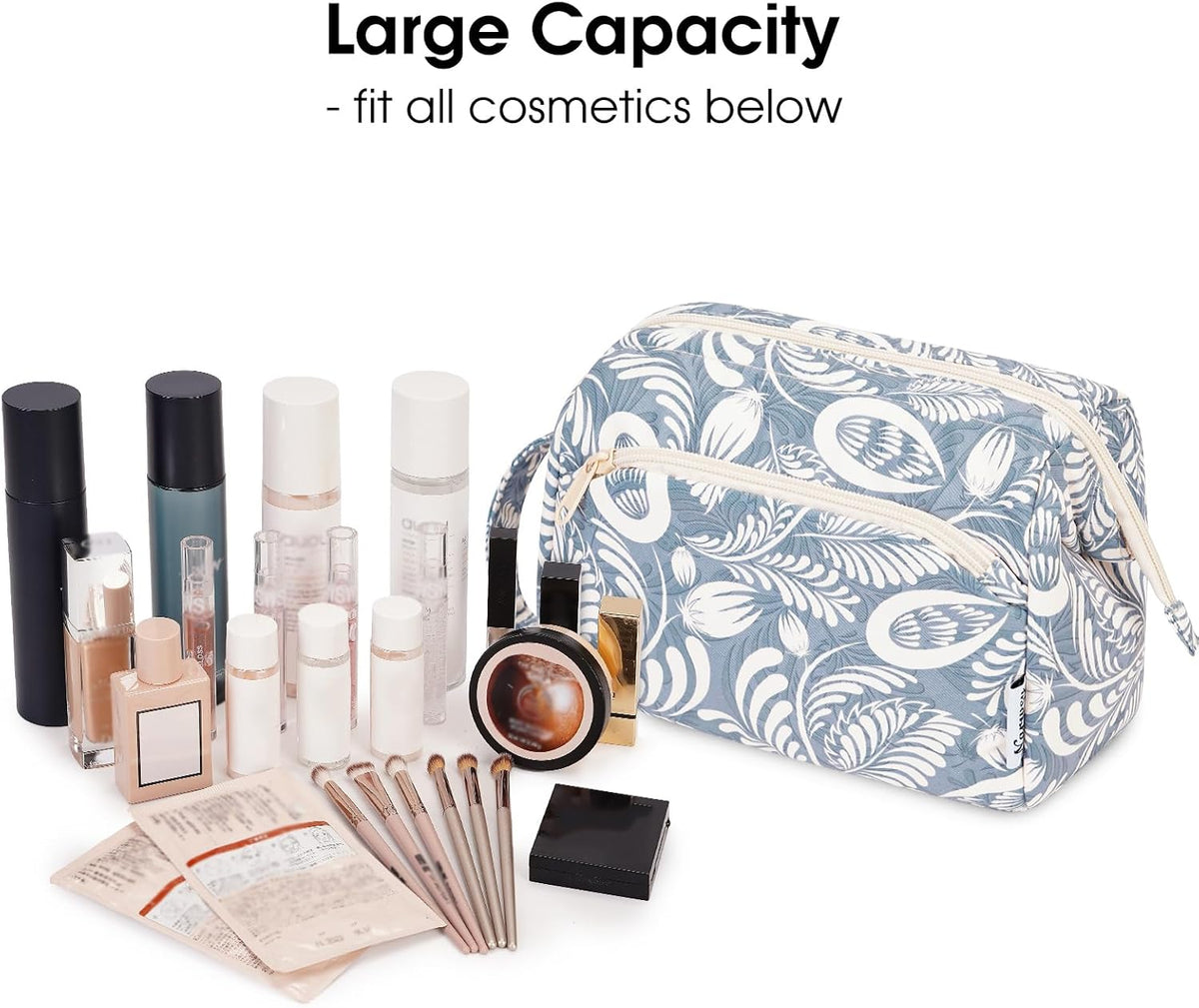 Women Makeup Bag Wide-open Make up Bag Travel Cosmetic Organizer Toiletry Bag for Cosmetics Toiletries Accessories (Blue Leaf)