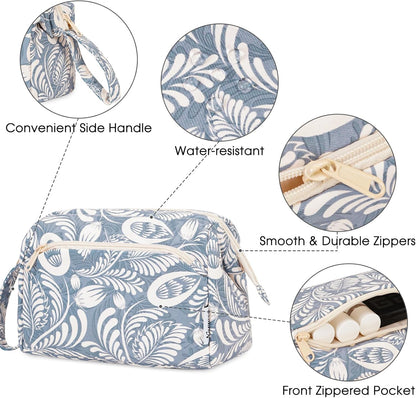 Women Makeup Bag Wide-open Make up Bag Travel Cosmetic Organizer Toiletry Bag for Cosmetics Toiletries Accessories (Blue Leaf)