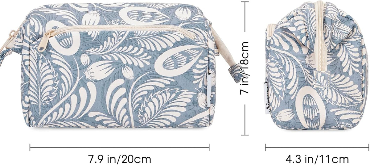 Women Makeup Bag Wide-open Make up Bag Travel Cosmetic Organizer Toiletry Bag for Cosmetics Toiletries Accessories (Blue Leaf)