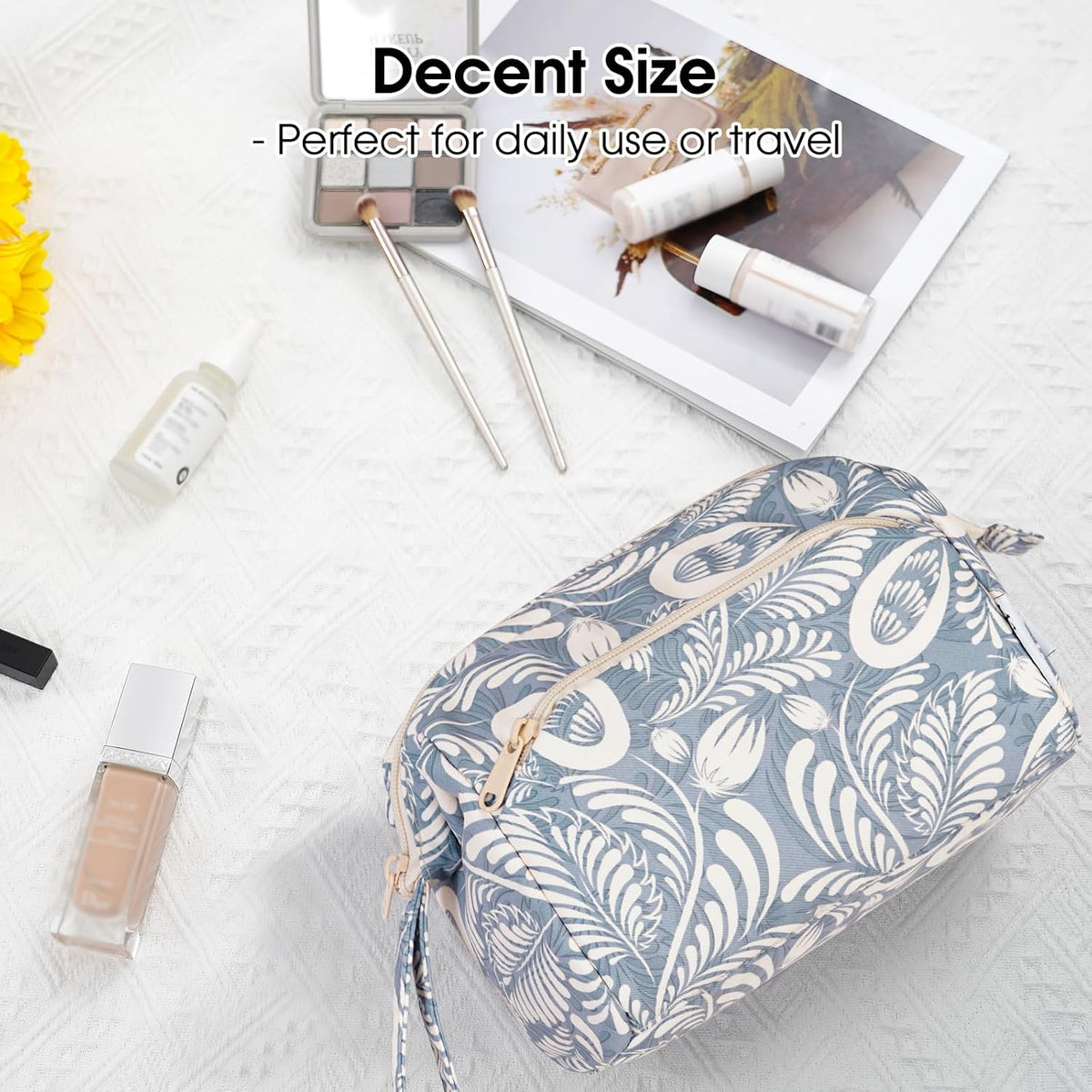Women Makeup Bag Wide-open Make up Bag Travel Cosmetic Organizer Toiletry Bag for Cosmetics Toiletries Accessories (Blue Leaf)