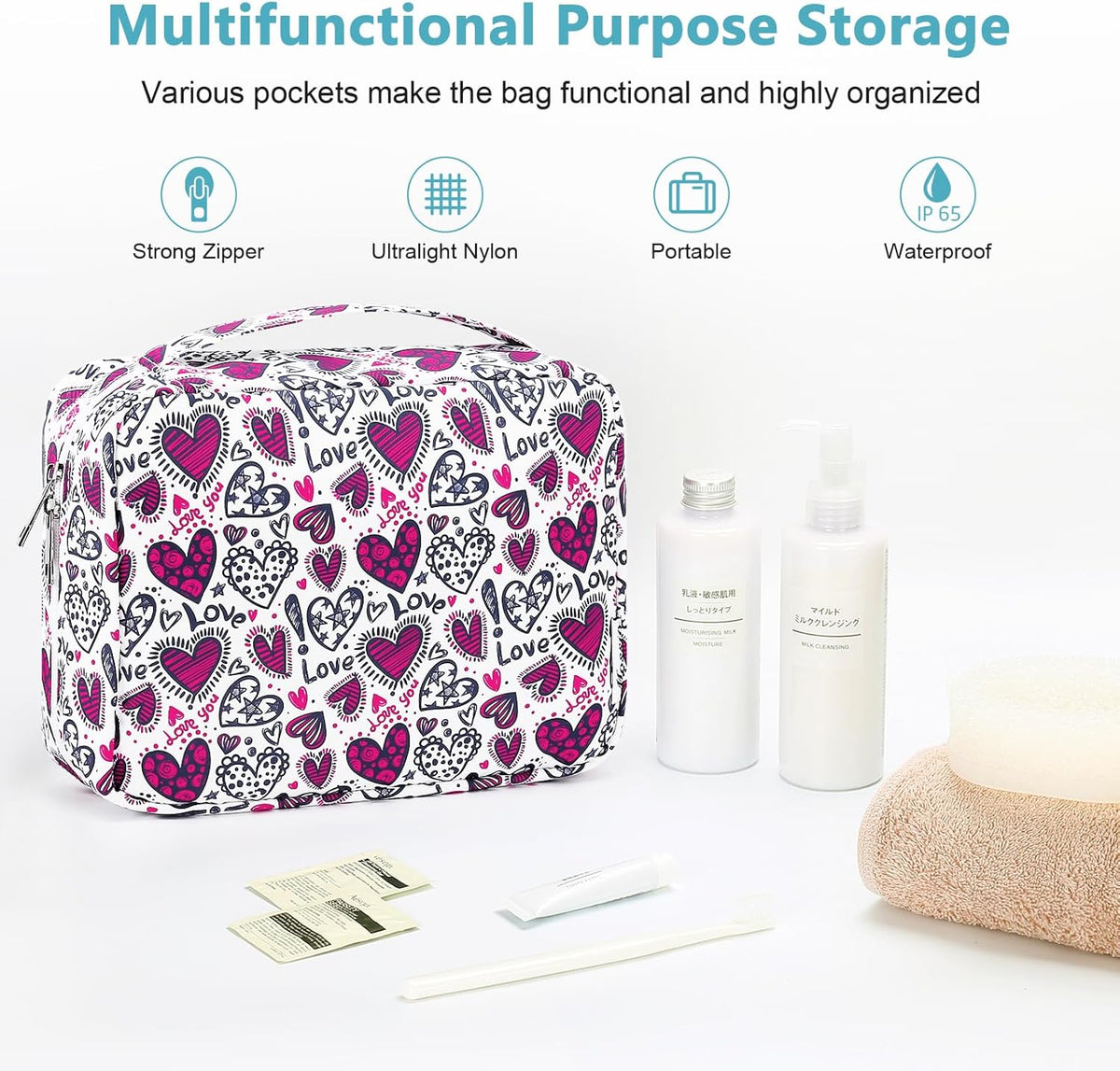 Hanging Toiletry Bag with Sturdy Hook - Large Portable Cosmetic Makeup Travel Organizer for Men & Women