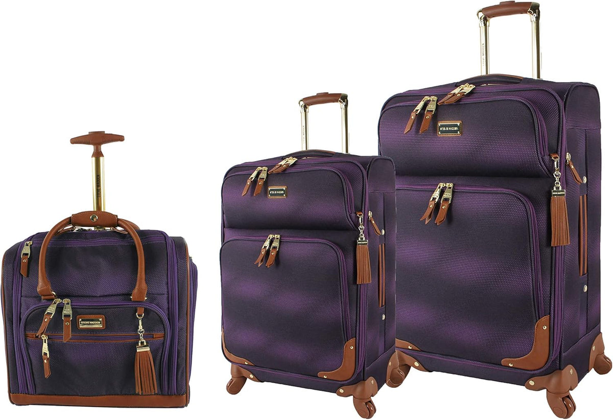 Designer Luggage Collection - 3 Piece Softside Expandable Lightweight Spinner Suitcase Set - Travel Set Includes an Under Seat Bag, 20-Inch Carry on and 28-Inch Checked Suitcase