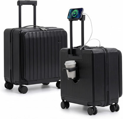 20 Inch Lightweight Carry On Luggage Airline Approved with Front Laptop Pocket, USB Port, Cup Holder & Phone Stand, Hard Shell Spinner Suitcase for Travel Business Work College Womem Men Grey