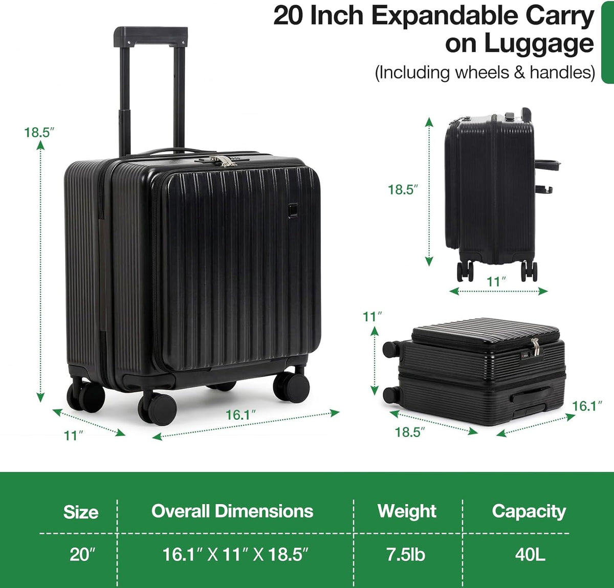 20 Inch Lightweight Carry On Luggage Airline Approved with Front Laptop Pocket, USB Port, Cup Holder & Phone Stand, Hard Shell Spinner Suitcase for Travel Business Work College Womem Men Grey