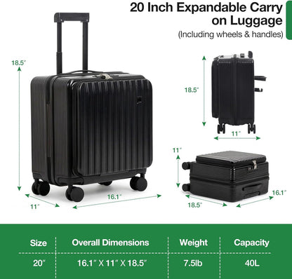 20 Inch Lightweight Carry On Luggage Airline Approved with Front Laptop Pocket, USB Port, Cup Holder & Phone Stand, Hard Shell Spinner Suitcase for Travel Business Work College Womem Men Grey