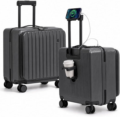 20 Inch Lightweight Carry On Luggage Airline Approved with Front Laptop Pocket, USB Port, Cup Holder & Phone Stand, Hard Shell Spinner Suitcase for Travel Business Work College Womem Men Grey