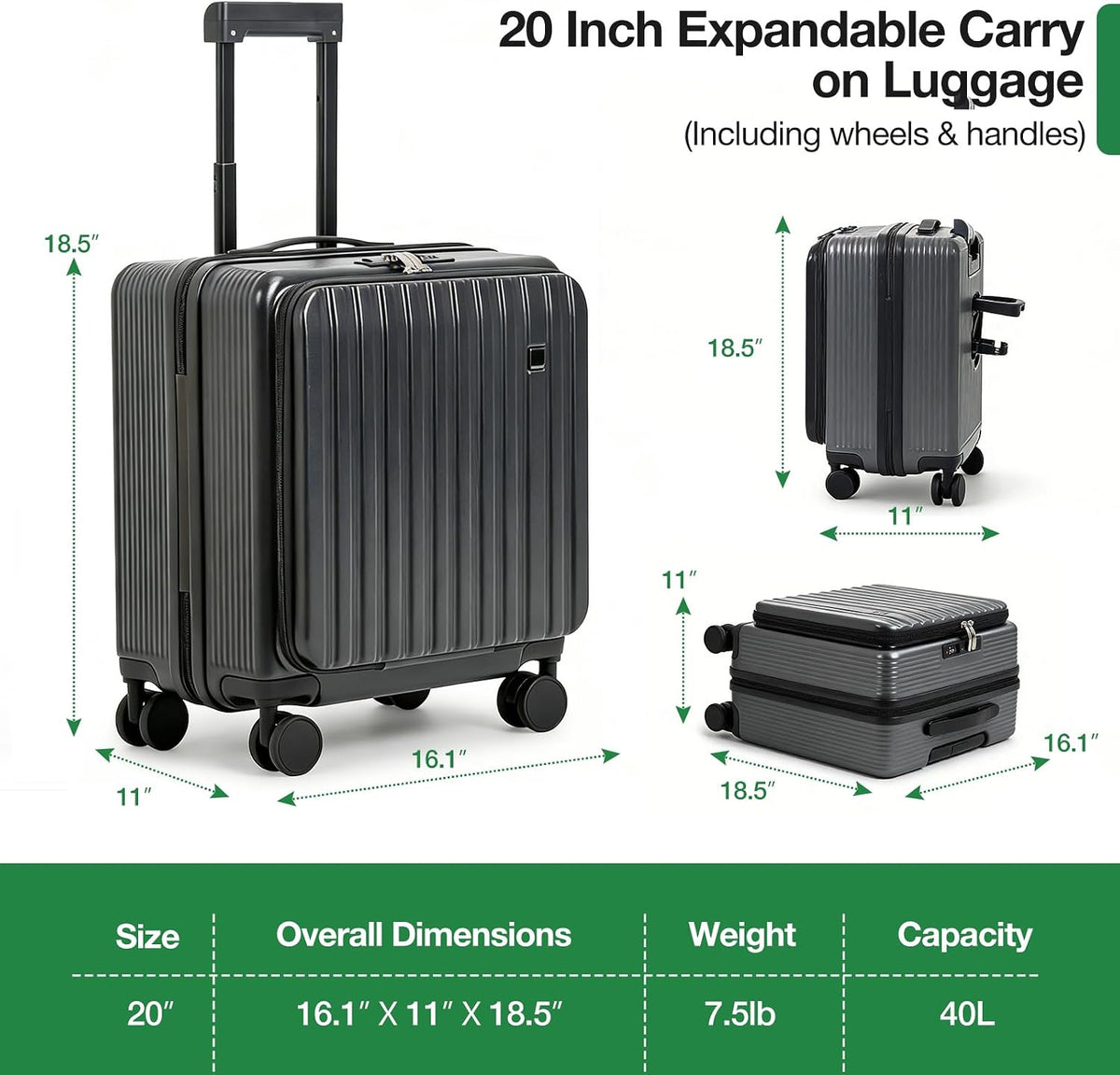 20 Inch Lightweight Carry On Luggage Airline Approved with Front Laptop Pocket, USB Port, Cup Holder & Phone Stand, Hard Shell Spinner Suitcase for Travel Business Work College Womem Men Grey