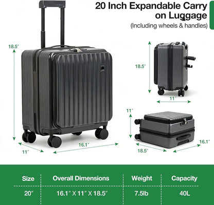 20 Inch Lightweight Carry On Luggage Airline Approved with Front Laptop Pocket, USB Port, Cup Holder & Phone Stand, Hard Shell Spinner Suitcase for Travel Business Work College Womem Men Grey