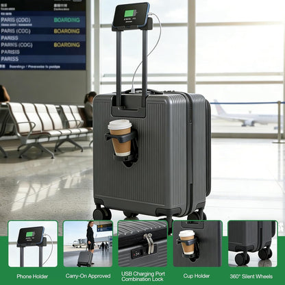 20 Inch Lightweight Carry On Luggage Airline Approved with Front Laptop Pocket, USB Port, Cup Holder & Phone Stand, Hard Shell Spinner Suitcase for Travel Business Work College Womem Men Grey