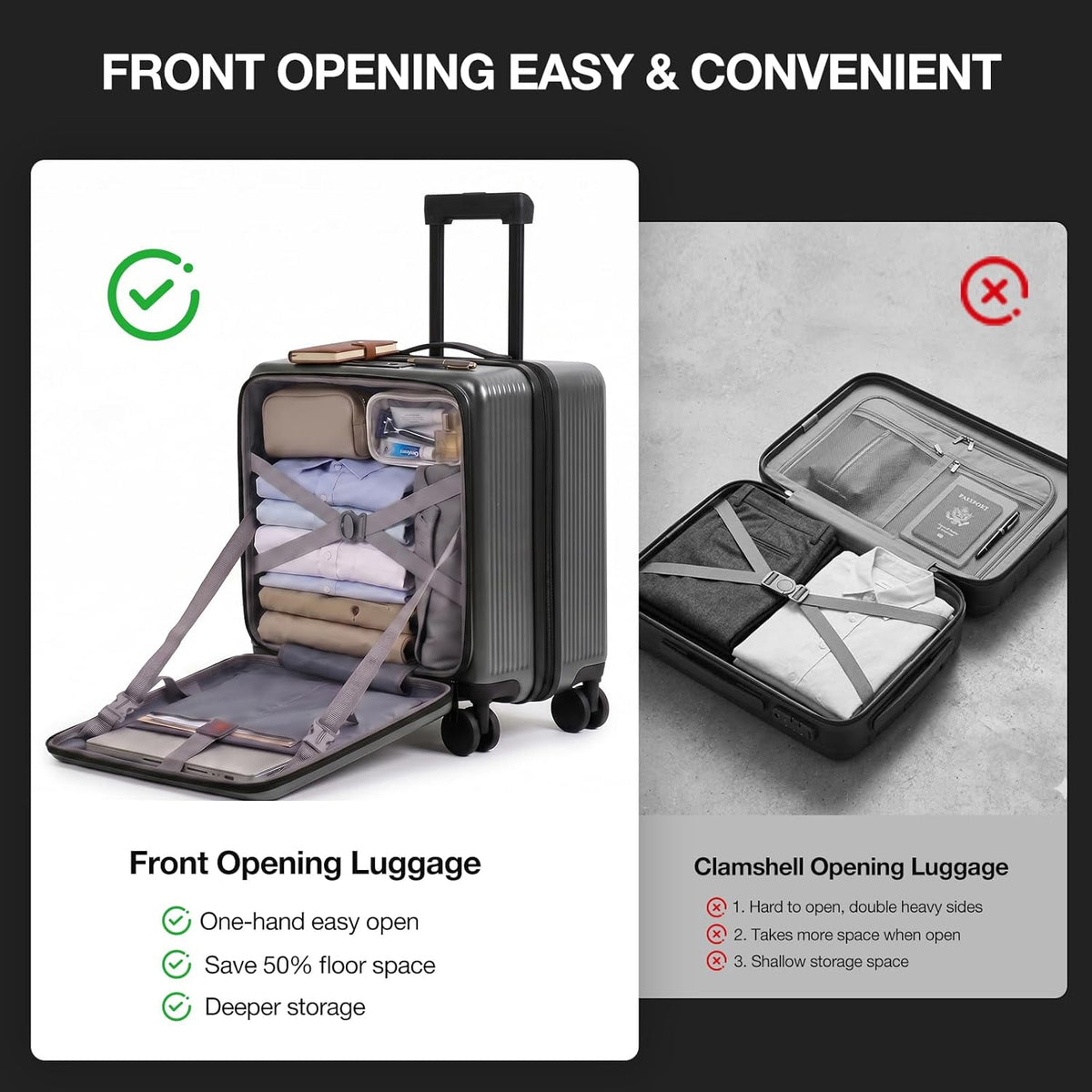 20 Inch Lightweight Carry On Luggage Airline Approved with Front Laptop Pocket, USB Port, Cup Holder & Phone Stand, Hard Shell Spinner Suitcase for Travel Business Work College Womem Men Grey