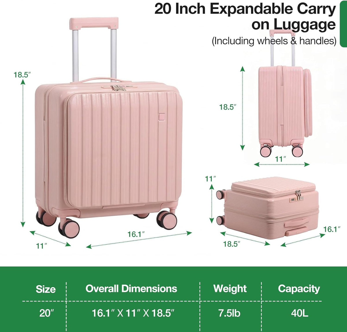 20 Inch Lightweight Carry On Luggage Airline Approved with Front Laptop Pocket, USB Port, Cup Holder & Phone Stand, Hard Shell Spinner Suitcase for Travel Business Work College Womem Men Grey
