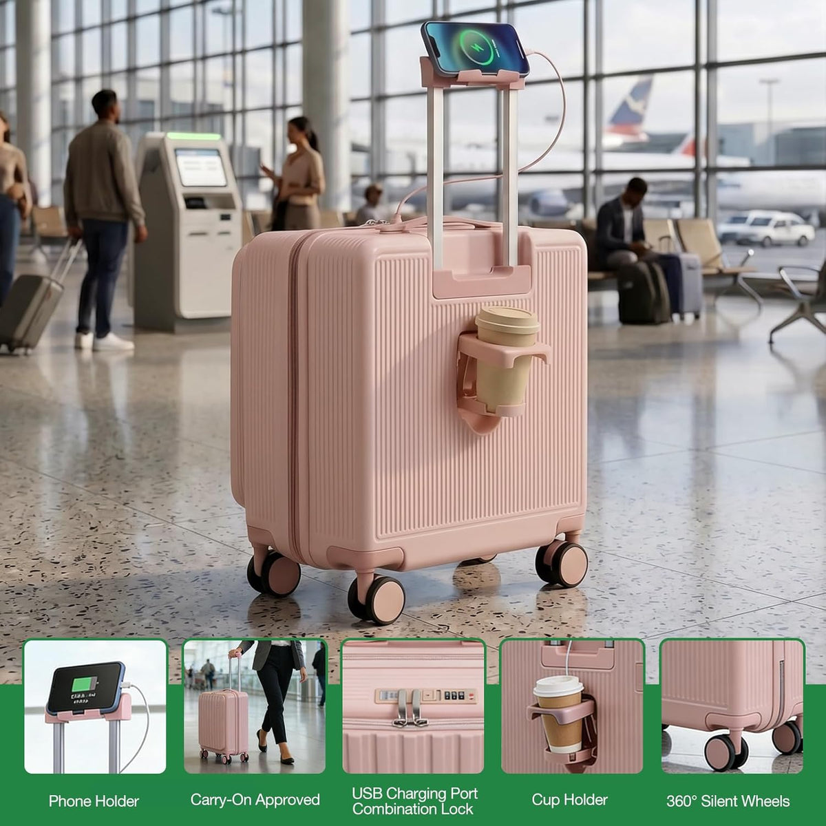 20 Inch Lightweight Carry On Luggage Airline Approved with Front Laptop Pocket, USB Port, Cup Holder & Phone Stand, Hard Shell Spinner Suitcase for Travel Business Work College Womem Men Grey