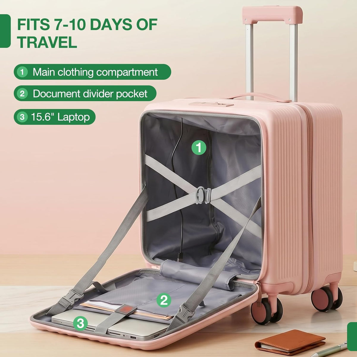 20 Inch Lightweight Carry On Luggage Airline Approved with Front Laptop Pocket, USB Port, Cup Holder & Phone Stand, Hard Shell Spinner Suitcase for Travel Business Work College Womem Men Grey