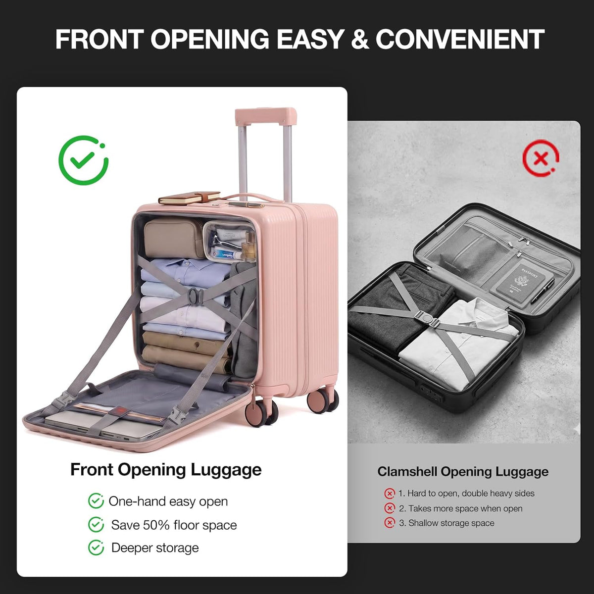 20 Inch Lightweight Carry On Luggage Airline Approved with Front Laptop Pocket, USB Port, Cup Holder & Phone Stand, Hard Shell Spinner Suitcase for Travel Business Work College Womem Men Grey