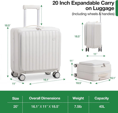 20 Inch Lightweight Carry On Luggage Airline Approved with Front Laptop Pocket, USB Port, Cup Holder & Phone Stand, Hard Shell Spinner Suitcase for Travel Business Work College Womem Men Grey