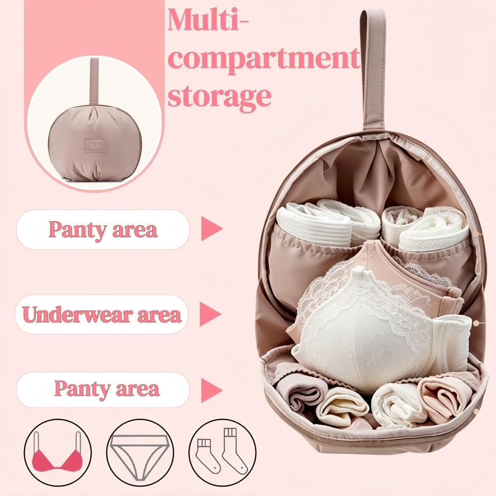 Waterproof, Multi - Compartment Travel Underwear Organizer Bag with Zipper and Handle, Ideal lingerie Travel Bag for Socks, Bras & Accessories (Ivory white)