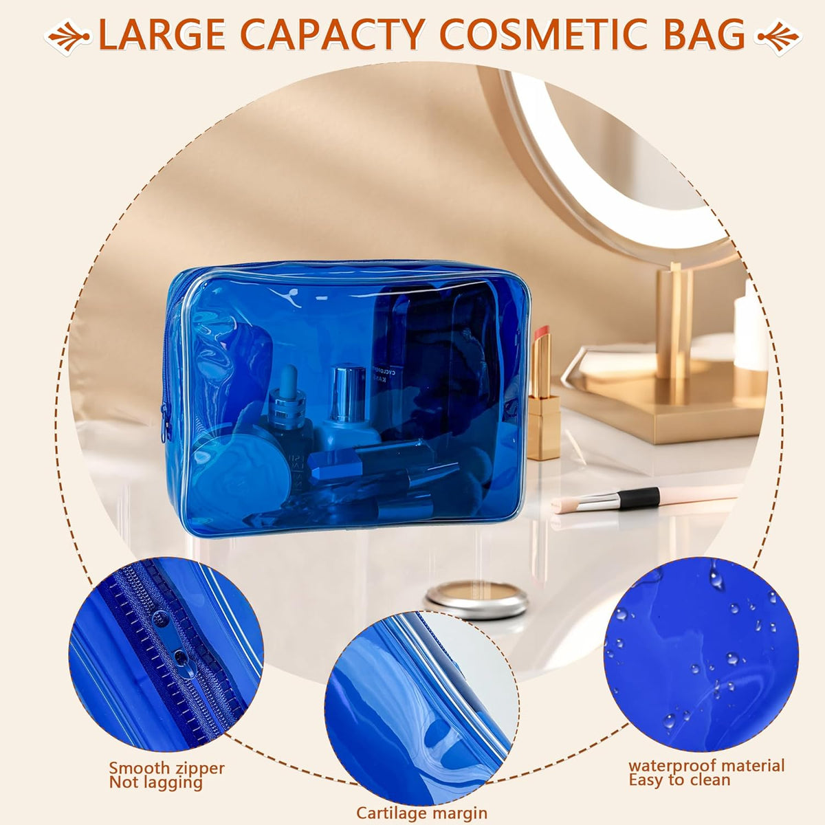 Waterproof PVC Makeup Bag - Leakproof Cosmetic Organizer for Travel Toiletry Storage 9.84×7.09×2.36 Inch for Women & Men (Orange)