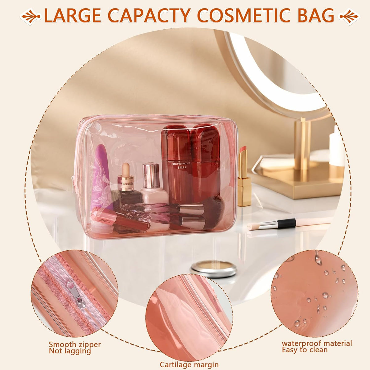 Waterproof PVC Makeup Bag - Leakproof Cosmetic Organizer for Travel Toiletry Storage 9.84×7.09×2.36 Inch for Women & Men (Orange)