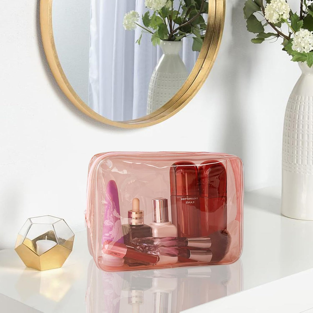 Waterproof PVC Makeup Bag - Leakproof Cosmetic Organizer for Travel Toiletry Storage 9.84×7.09×2.36 Inch for Women & Men (Orange)