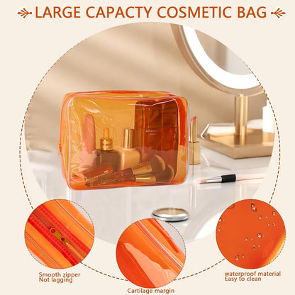 Waterproof PVC Makeup Bag - Leakproof Cosmetic Organizer for Travel Toiletry Storage 9.84×7.09×2.36 Inch for Women & Men (Orange)