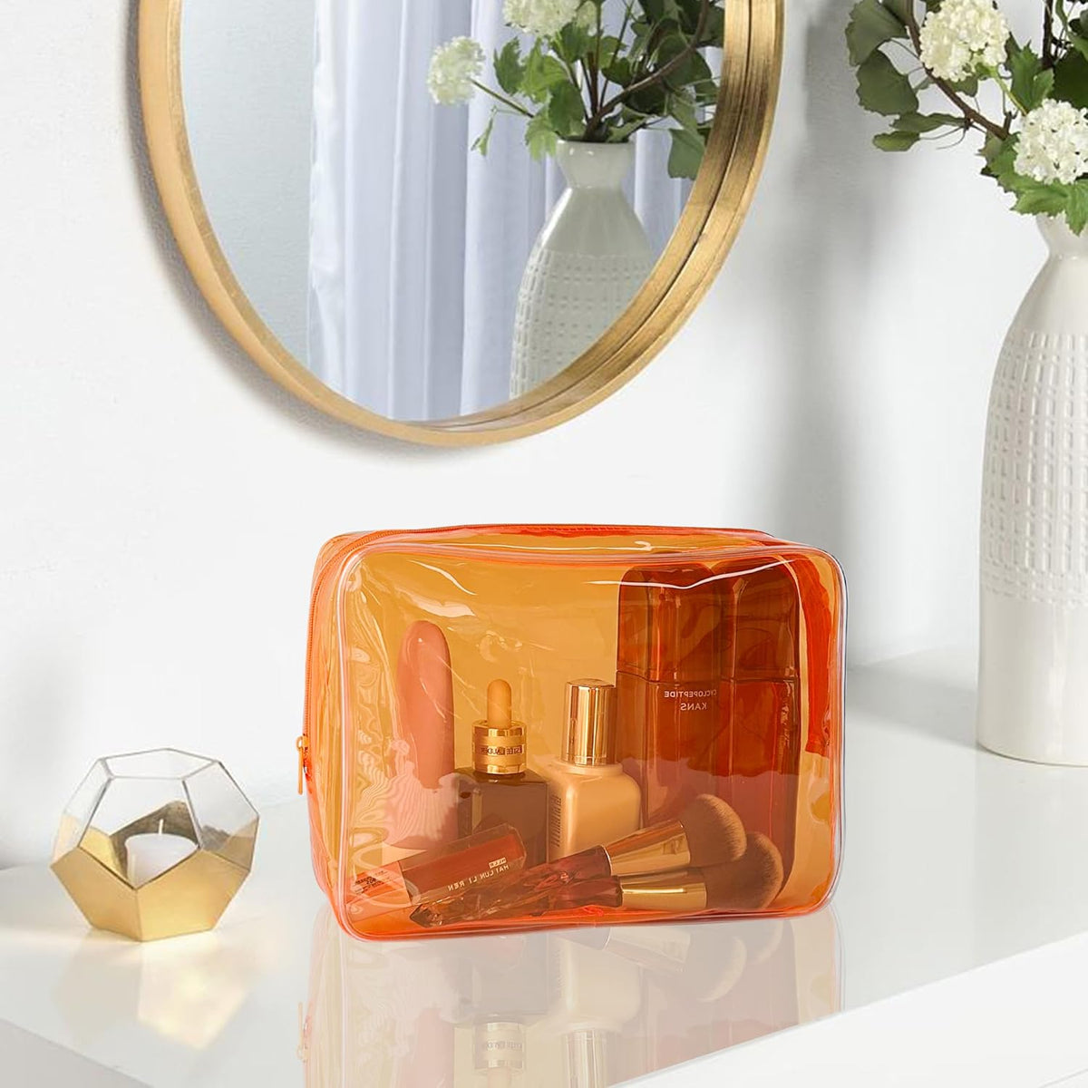 Waterproof PVC Makeup Bag - Leakproof Cosmetic Organizer for Travel Toiletry Storage 9.84×7.09×2.36 Inch for Women & Men (Orange)