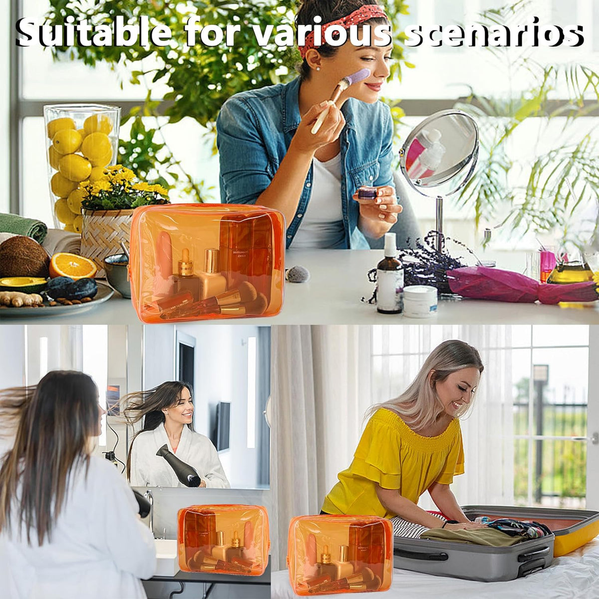 Waterproof PVC Makeup Bag - Leakproof Cosmetic Organizer for Travel Toiletry Storage 9.84×7.09×2.36 Inch for Women & Men (Orange)