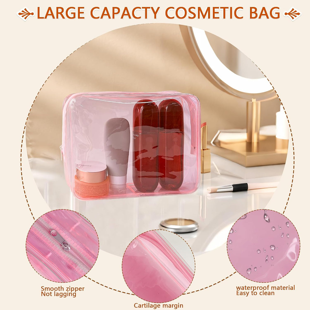 Waterproof PVC Makeup Bag - Leakproof Cosmetic Organizer for Travel Toiletry Storage 9.84×7.09×2.36 Inch for Women & Men (Orange)