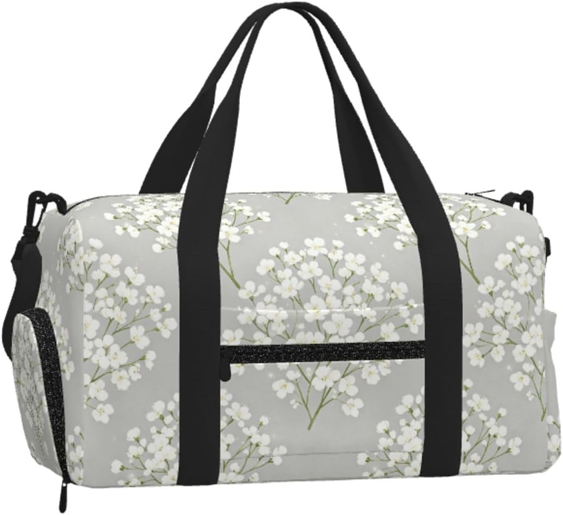 White Flower Duffel Bag with Shoe Compartment-Sports Gym Weekender for Men Women, Waterproof Travel Tote with Wet Pocket for Dirty Shoes