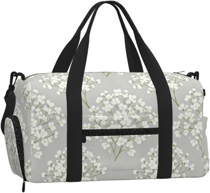 White Flower Duffel Bag with Shoe Compartment-Sports Gym Weekender for Men Women, Waterproof Travel Tote with Wet Pocket for Dirty Shoes