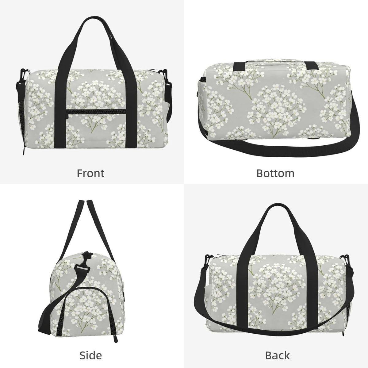 White Flower Duffel Bag with Shoe Compartment-Sports Gym Weekender for Men Women, Waterproof Travel Tote with Wet Pocket for Dirty Shoes