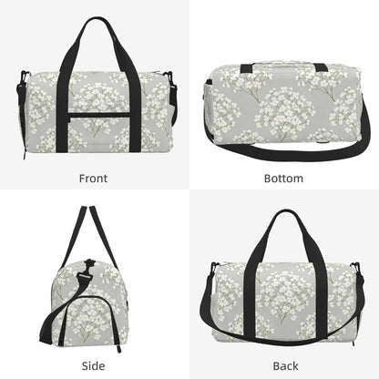 White Flower Duffel Bag with Shoe Compartment-Sports Gym Weekender for Men Women, Waterproof Travel Tote with Wet Pocket for Dirty Shoes