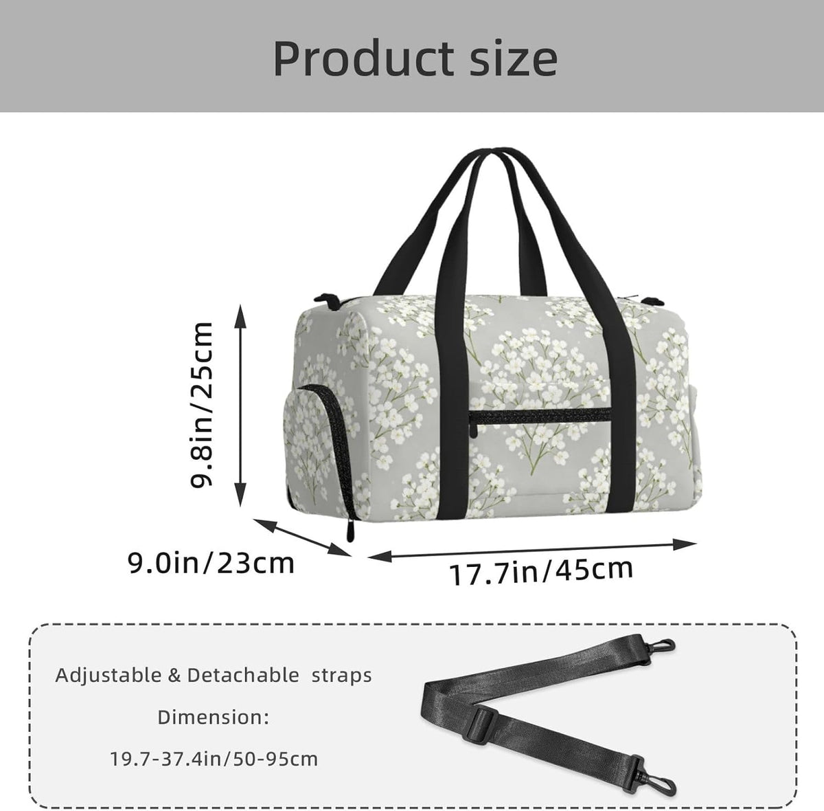 White Flower Duffel Bag with Shoe Compartment-Sports Gym Weekender for Men Women, Waterproof Travel Tote with Wet Pocket for Dirty Shoes