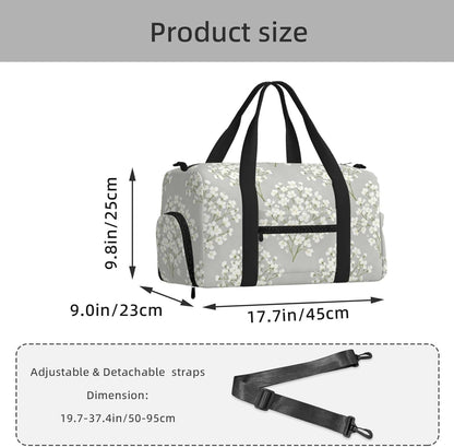 White Flower Duffel Bag with Shoe Compartment-Sports Gym Weekender for Men Women, Waterproof Travel Tote with Wet Pocket for Dirty Shoes