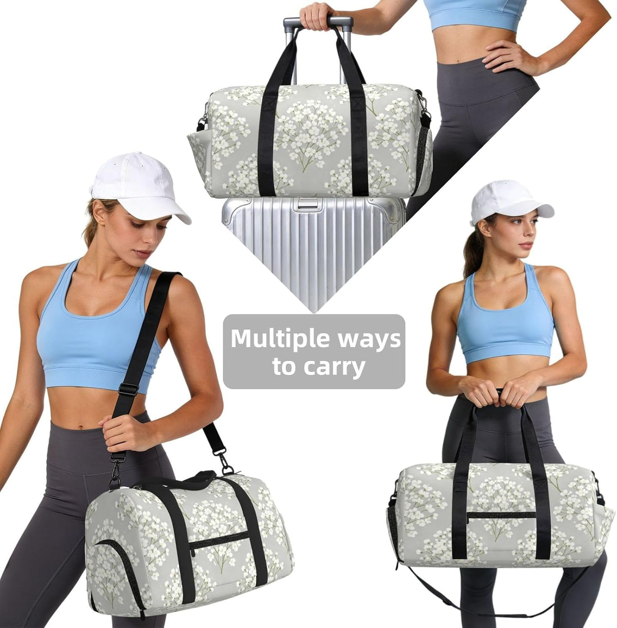 White Flower Duffel Bag with Shoe Compartment-Sports Gym Weekender for Men Women, Waterproof Travel Tote with Wet Pocket for Dirty Shoes