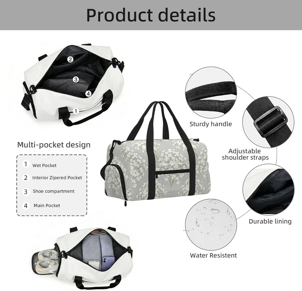 White Flower Duffel Bag with Shoe Compartment-Sports Gym Weekender for Men Women, Waterproof Travel Tote with Wet Pocket for Dirty Shoes
