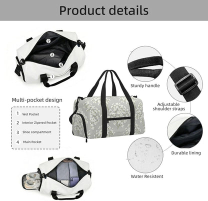White Flower Duffel Bag with Shoe Compartment-Sports Gym Weekender for Men Women, Waterproof Travel Tote with Wet Pocket for Dirty Shoes