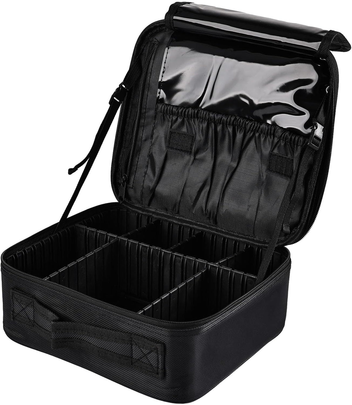 Travel Makeup Bag, Professional Cosmetic Train Case Organizer, Portable Travel Cosmetic Brush Bag Holder Makeup Artist Storage Box with Adjustable Dividers and Shoulder Strap, Black