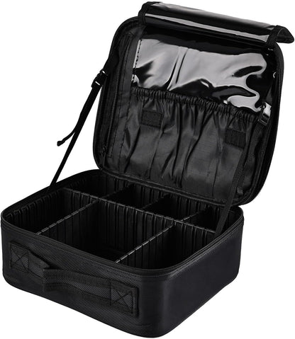 Travel Makeup Bag, Professional Cosmetic Train Case Organizer, Portable Travel Cosmetic Brush Bag Holder Makeup Artist Storage Box with Adjustable Dividers and Shoulder Strap, Black