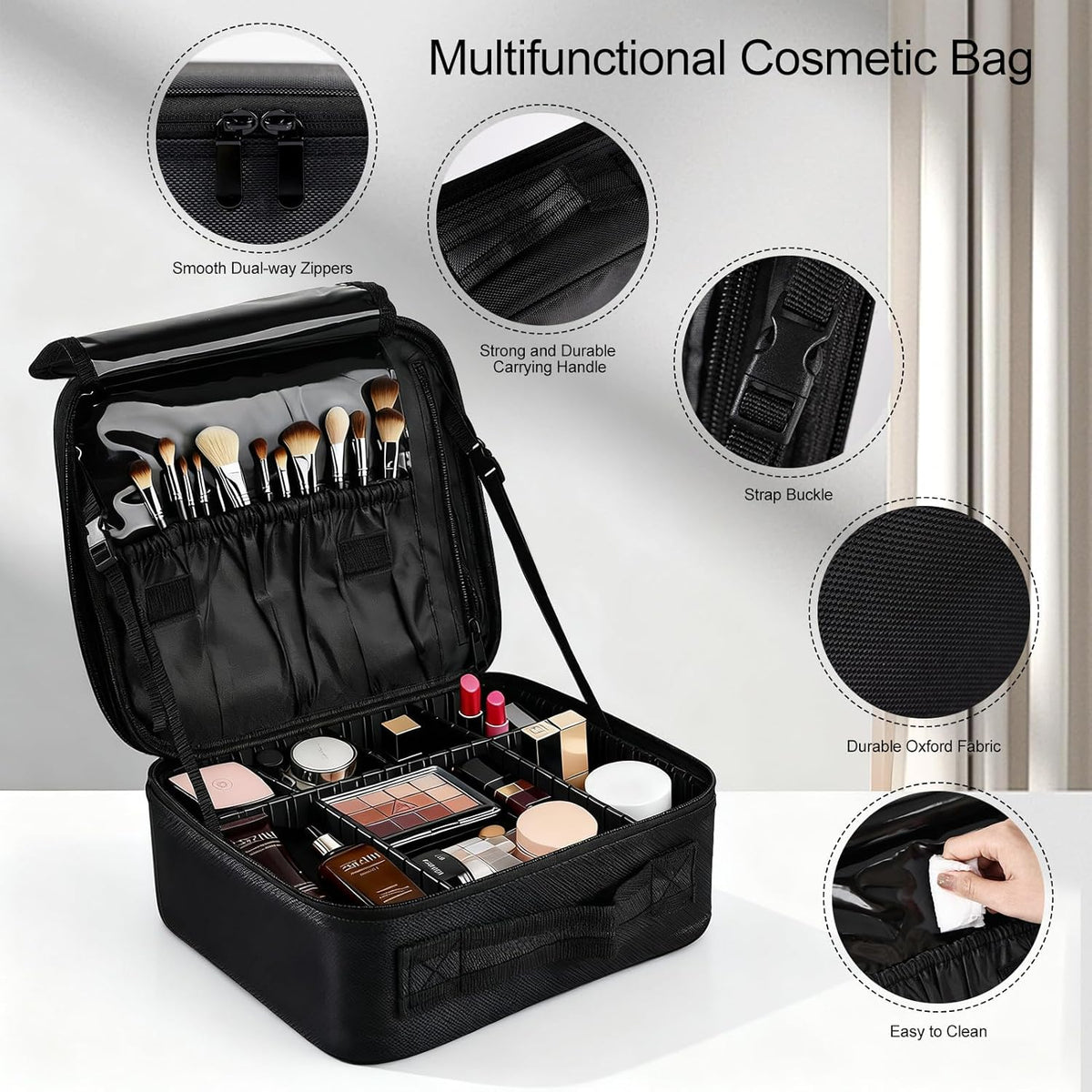Travel Makeup Bag, Professional Cosmetic Train Case Organizer, Portable Travel Cosmetic Brush Bag Holder Makeup Artist Storage Box with Adjustable Dividers and Shoulder Strap, Black