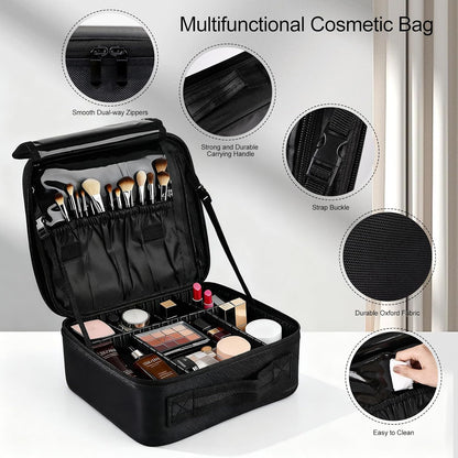 Travel Makeup Bag, Professional Cosmetic Train Case Organizer, Portable Travel Cosmetic Brush Bag Holder Makeup Artist Storage Box with Adjustable Dividers and Shoulder Strap, Black