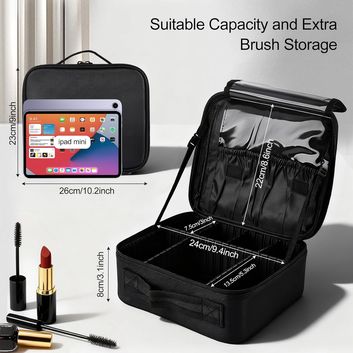 Travel Makeup Bag, Professional Cosmetic Train Case Organizer, Portable Travel Cosmetic Brush Bag Holder Makeup Artist Storage Box with Adjustable Dividers and Shoulder Strap, Black