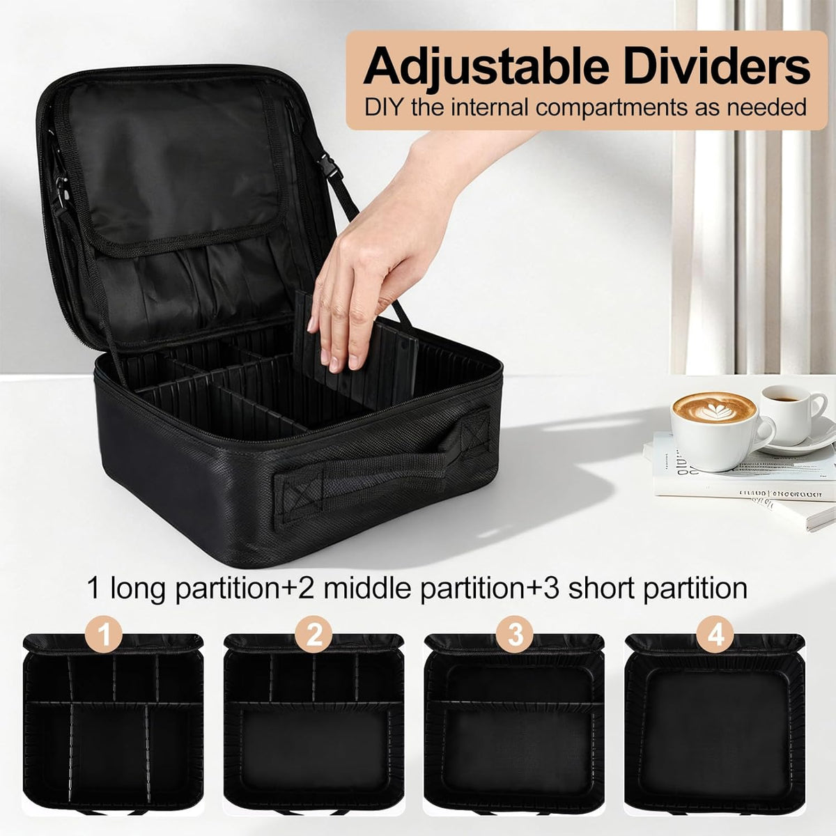Travel Makeup Bag, Professional Cosmetic Train Case Organizer, Portable Travel Cosmetic Brush Bag Holder Makeup Artist Storage Box with Adjustable Dividers and Shoulder Strap, Black