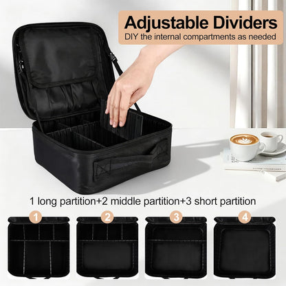 Travel Makeup Bag, Professional Cosmetic Train Case Organizer, Portable Travel Cosmetic Brush Bag Holder Makeup Artist Storage Box with Adjustable Dividers and Shoulder Strap, Black