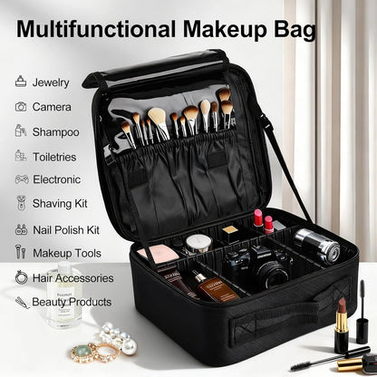 Travel Makeup Bag, Professional Cosmetic Train Case Organizer, Portable Travel Cosmetic Brush Bag Holder Makeup Artist Storage Box with Adjustable Dividers and Shoulder Strap, Black