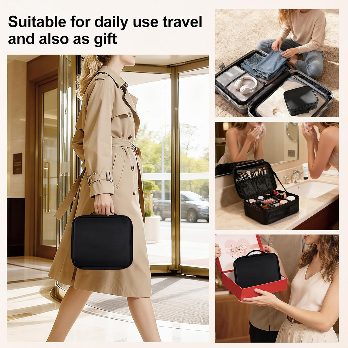 Travel Makeup Bag, Professional Cosmetic Train Case Organizer, Portable Travel Cosmetic Brush Bag Holder Makeup Artist Storage Box with Adjustable Dividers and Shoulder Strap, Black